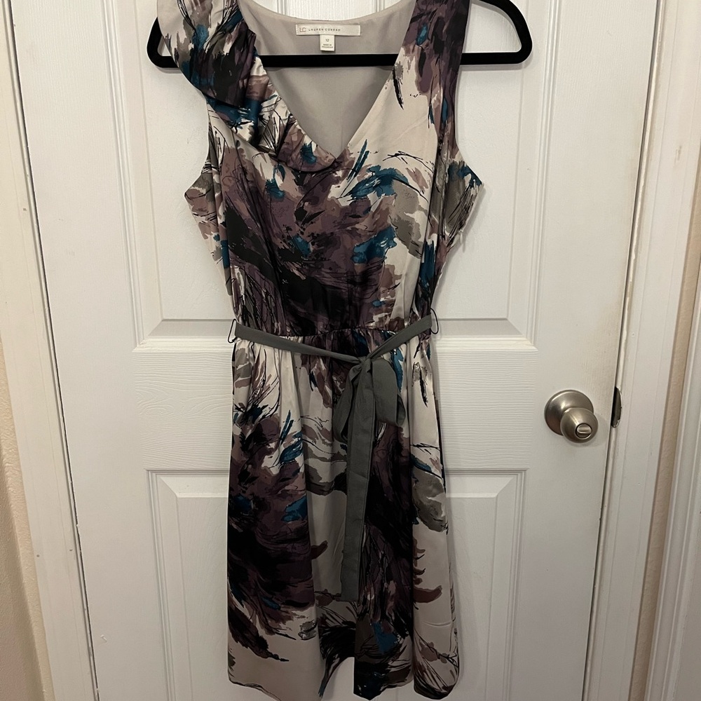 NWOT LC Lauren Conrad Gray Floral Midi Dress with Teal & Plum Accents